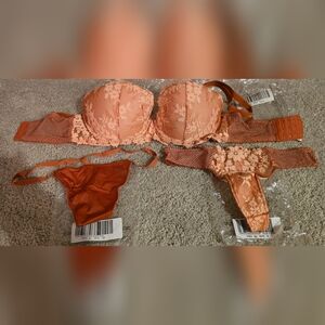 Victoria Secret Dream Angels Demi Bra/Thongs Set-NWT-Rust Floral Lace/Mesh-34ddd